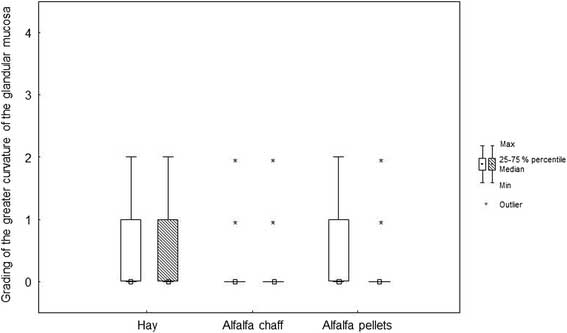 Box (median) and whisker (25th/75th percentiles) plots of lesions grades for the lesser curvature of the squamous mucosa before and after weaning for the different feeding protocols (white plots before weaning; striped plots after weaning)